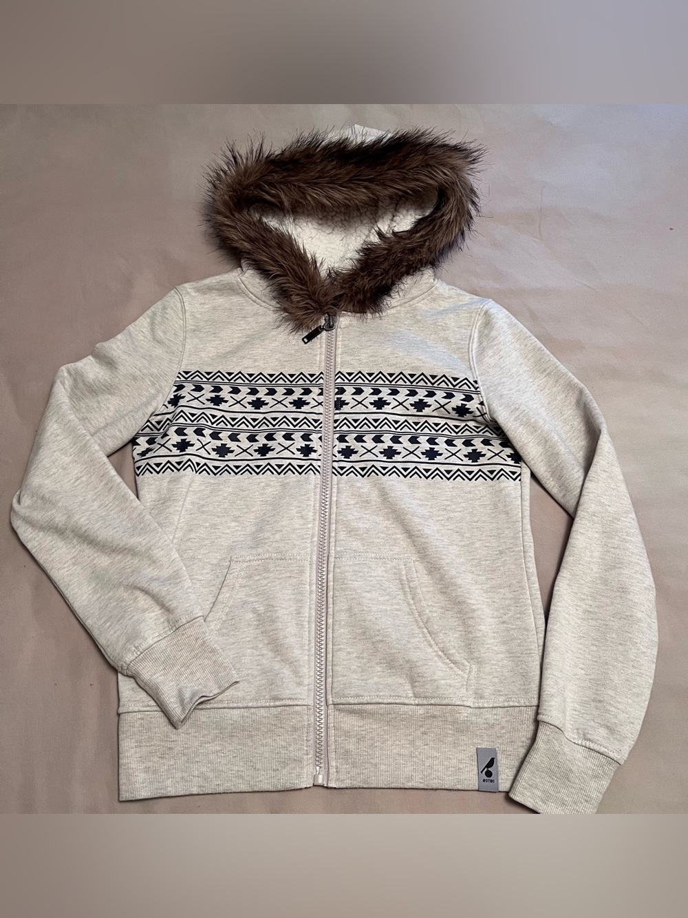 #OTBC Norwich Women's Light Grey Zip-Up Hoodie with Faux Fur Hood Trim
